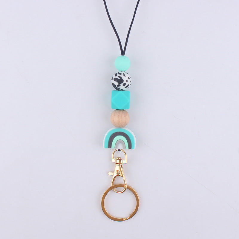 Rainbow Silicone Bead Keychain with Wooden Bead Charm 9