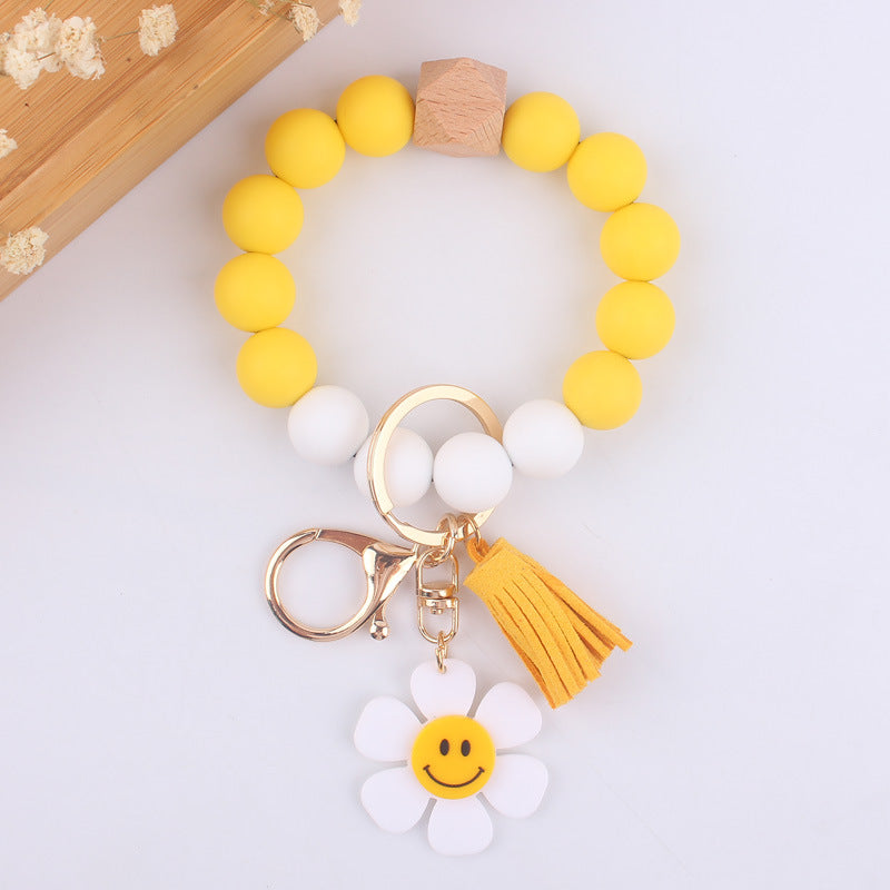 Sunflower Heart Silicone Bead Wristlet Keychain with Tassel Charm 8