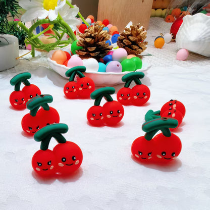 20Pcs Silicone 3D Focal Beads Cherry Smiling Face with Stem