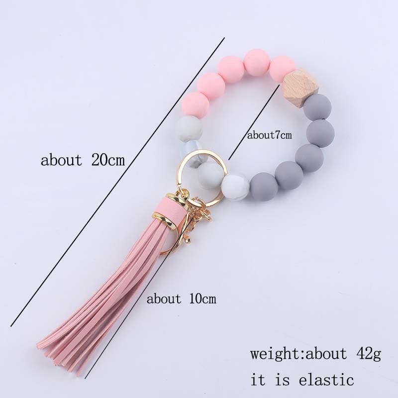 Leather PU Tassel Silicone Bead Wristlet Keychain 5