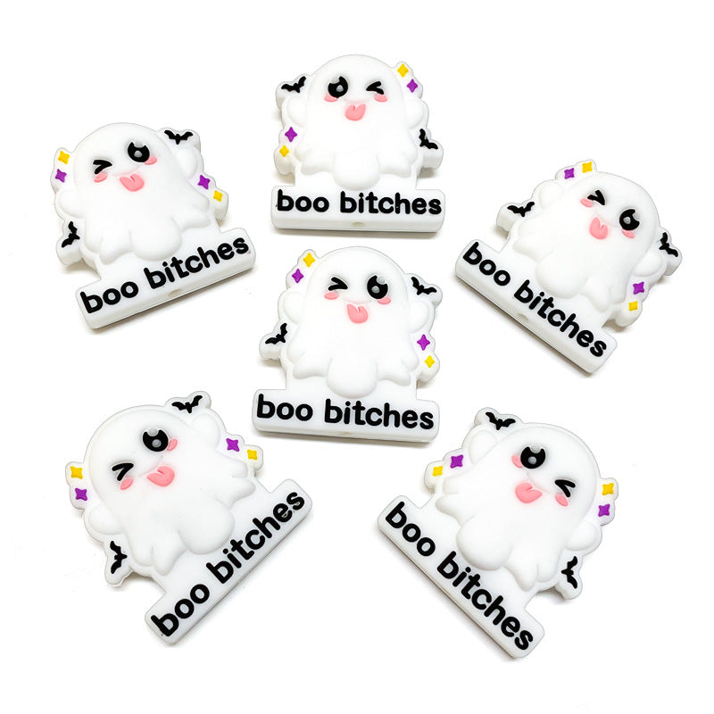 20Pcs Silicone Focal Beads Cartoon Ghost with Text Boo Bitches 2