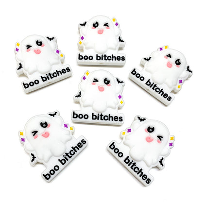 20Pcs Silicone Focal Beads Cartoon Ghost with Text Boo Bitches 2