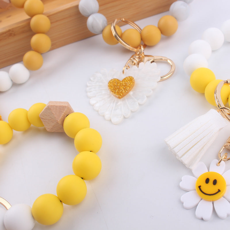 Sunflower Heart Silicone Bead Wristlet Keychain with Tassel Charm 4