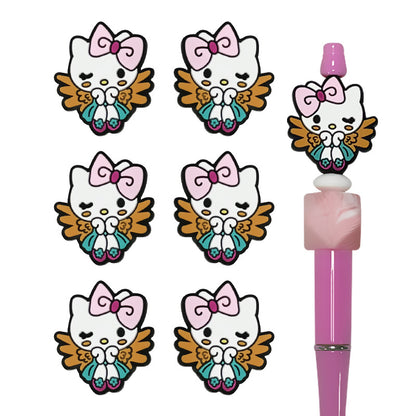 Silicone Focal Beads White Cat No Mouth Pink Bow Holding Wings 2