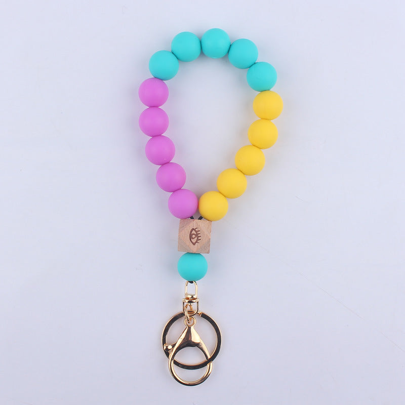 Octagonal Silicone Bead Wristlet Keychain with Wooden Accent 17