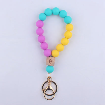 Octagonal Silicone Bead Wristlet Keychain with Wooden Accent 17