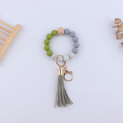 Leopard Print Silicone Bead Wristlet Keychain PU Tassel Charm 19