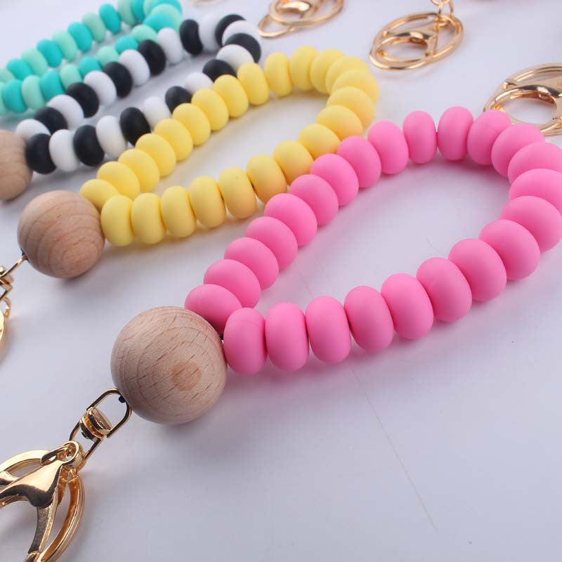 Flat Silicone Bead Wristlet Keychain with Wooden Accent 2