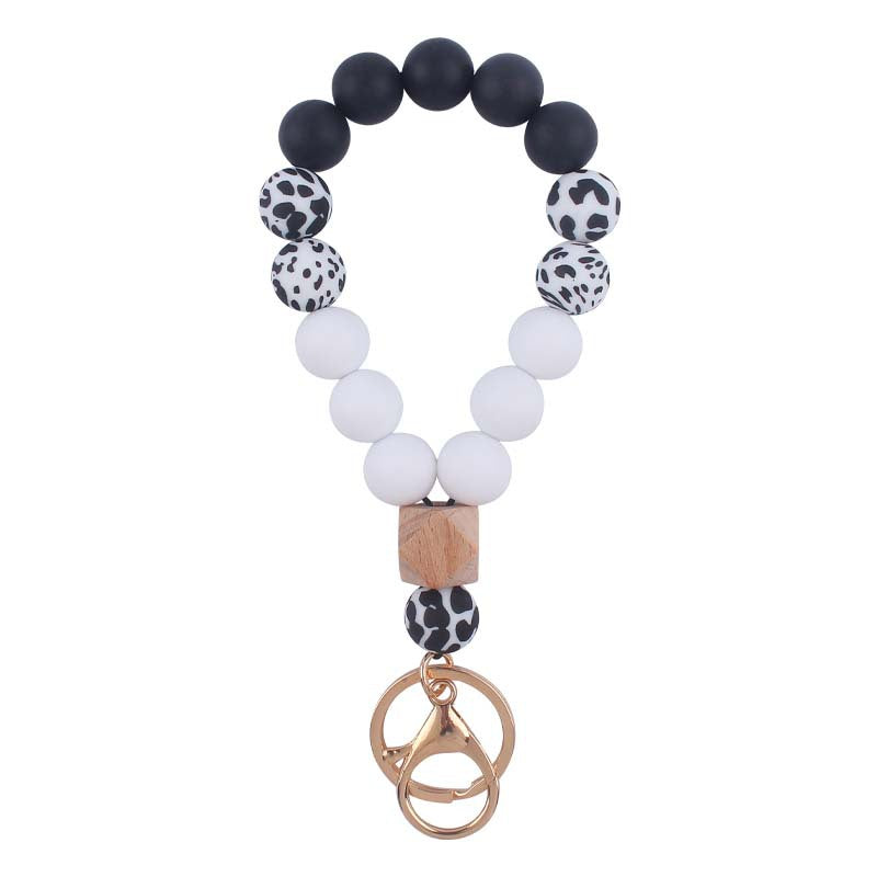 Leopard Wood Octagonal Silicone Bead Wristlet Keychain 6