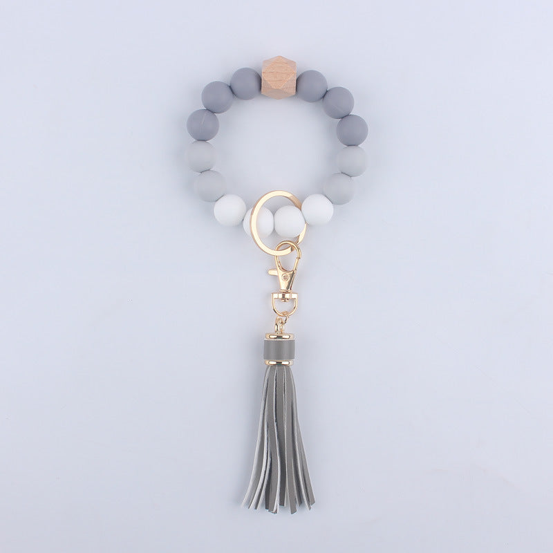 Tassel Silicone Bead Wristlet Keychain with Wooden Bead Charm 8cm 15