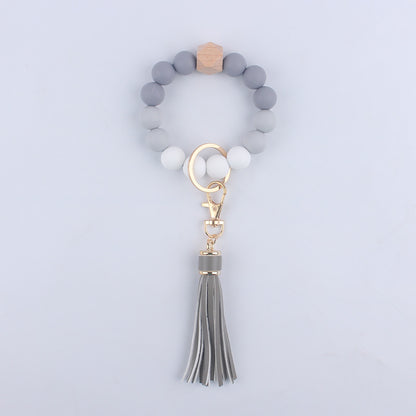 Tassel Silicone Bead Wristlet Keychain with Wooden Bead Charm 8cm 15