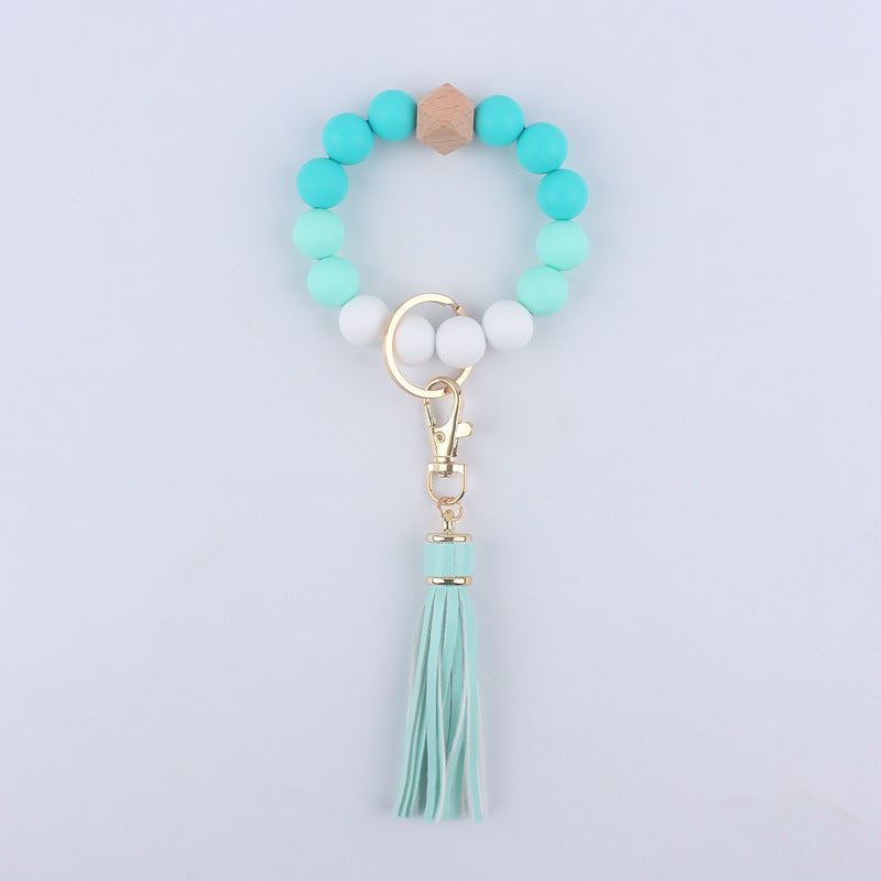 Tassel Silicone Bead Wristlet Keychain with Wooden Bead Charm 8cm 13