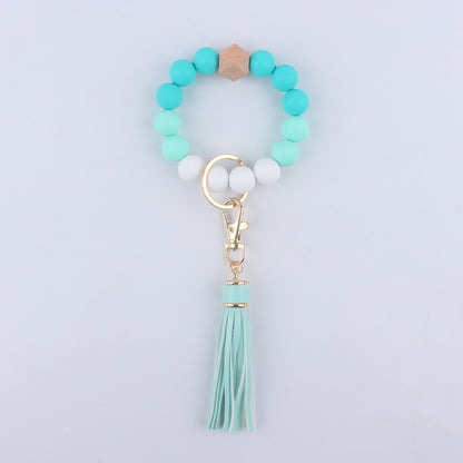 Tassel Silicone Bead Wristlet Keychain with Wooden Bead Charm 8cm 13