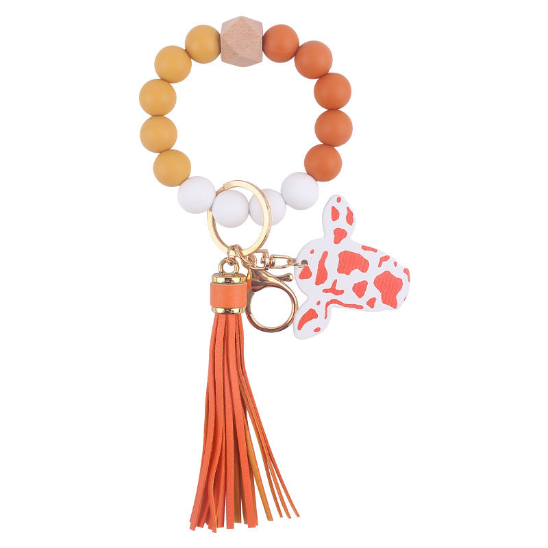 Western Cow Silicone Bead Wristlet Keychain PU Leather Tassel 15