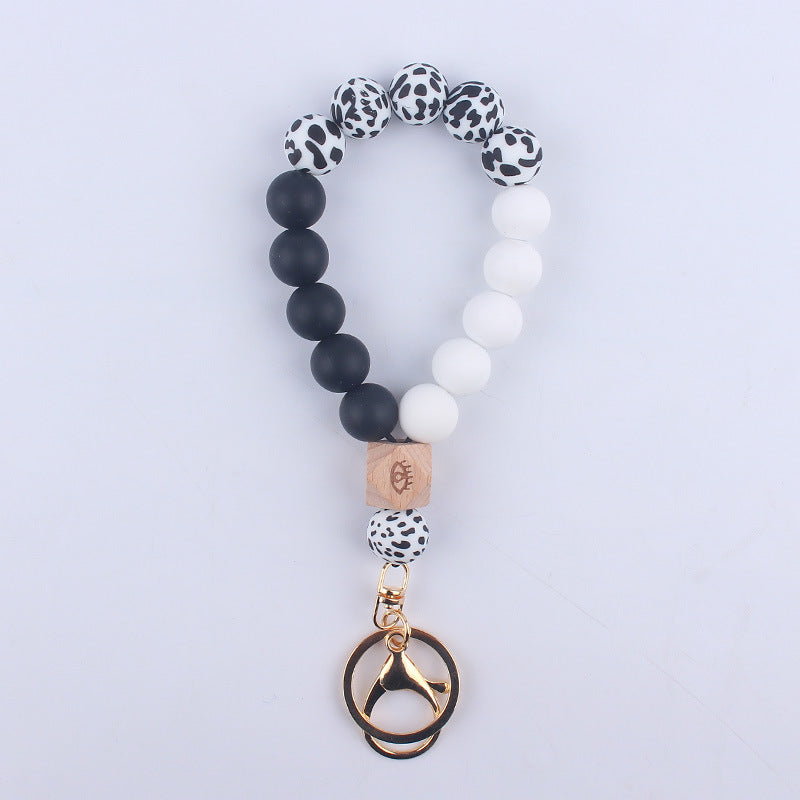 Octagonal Silicone Bead Wristlet Keychain with Wooden Accent 7