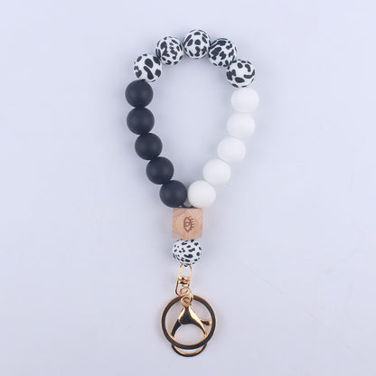 Octagonal Silicone Bead Wristlet Keychain with Wooden Accent 7