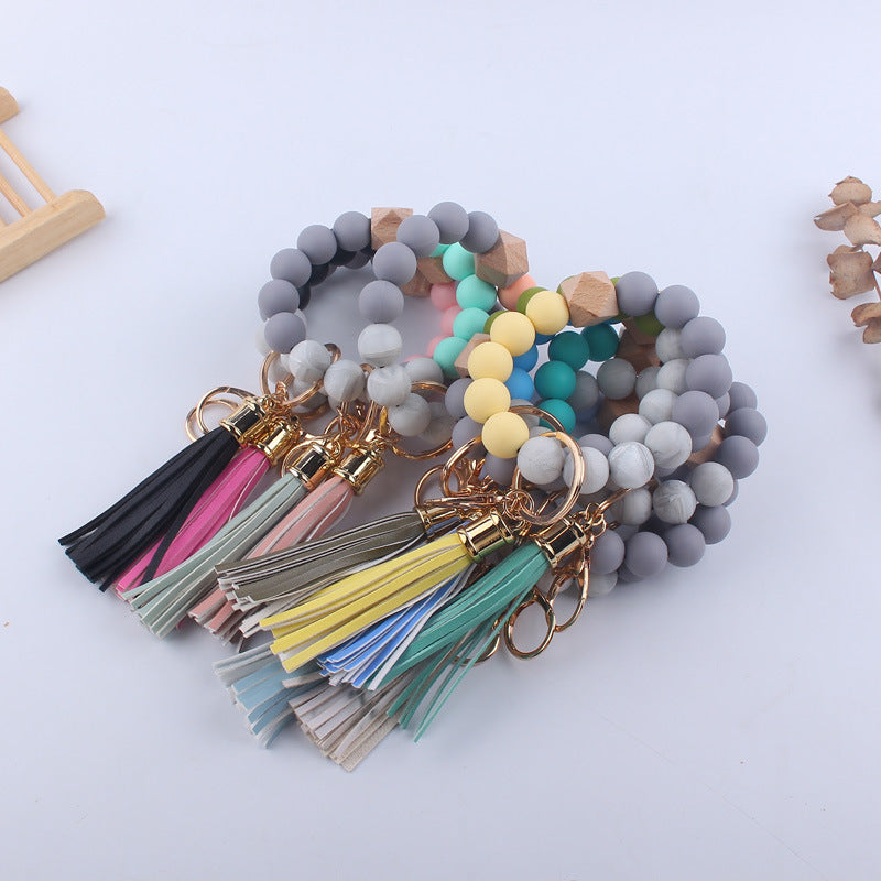 Leopard Print Silicone Bead Wristlet Keychain PU Tassel Charm 4