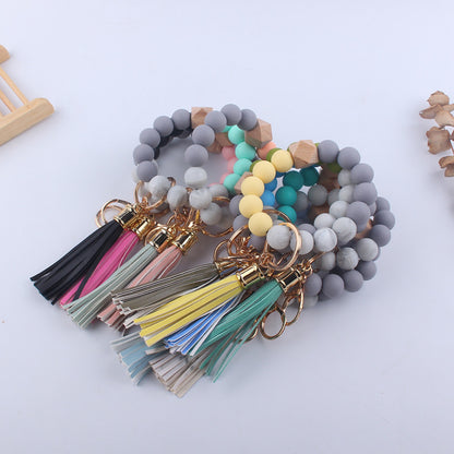 Leopard Print Silicone Bead Wristlet Keychain PU Tassel Charm 4