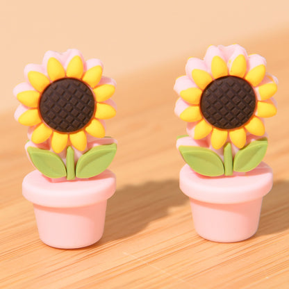 20pcs Silicone Focal Beads Flower Pot Sunflower Yellow White Flower Design 6
