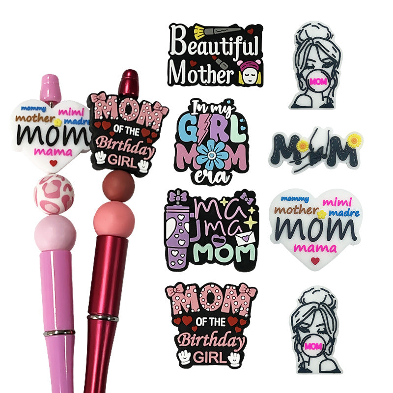20Pcs Silicone Focal Beads Mother's Day Text and Figure Designs 2