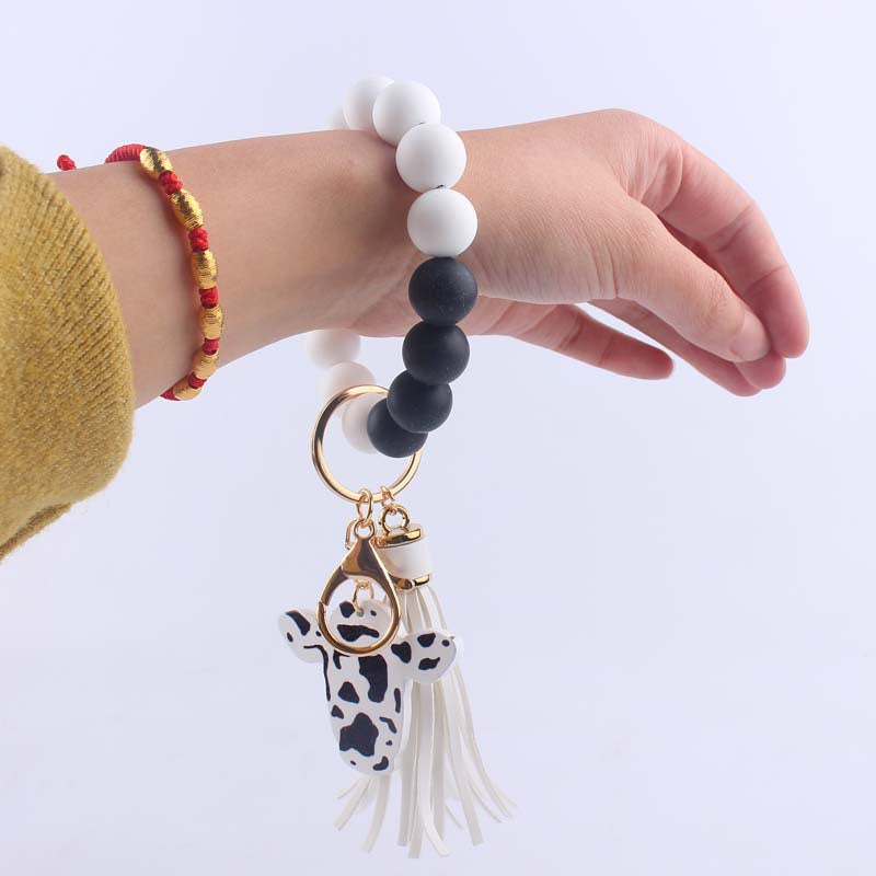 Western Cow Silicone Bead Wristlet Keychain PU Leather Tassel 4