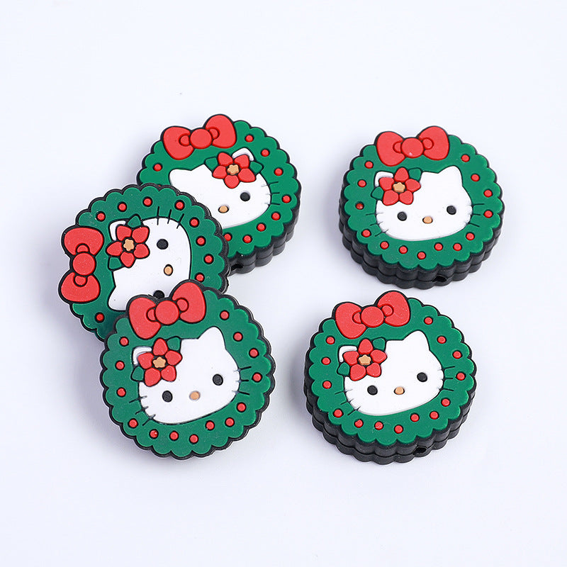 20pcs Silicone Focal Beads White Cat Round Face with Red Bow Christmas Wreath 3