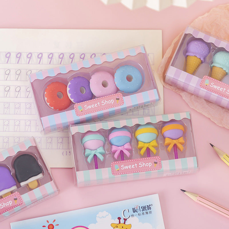 Candy Dessert Lollipop Eraser Set 4 Pack for Kids and Students 4