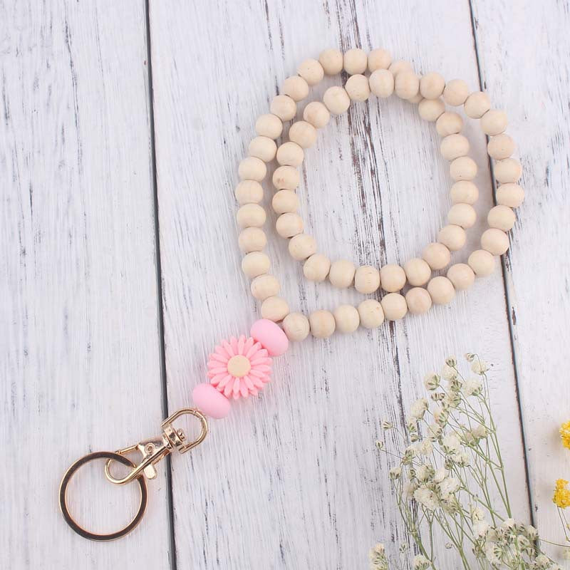 Daisy Silicone Bead Wristlet Keychain with Wooden Beads 13