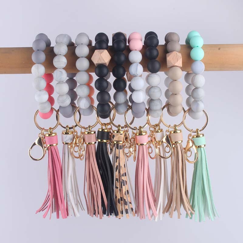 Leather PU Tassel Silicone Bead Wristlet Keychain