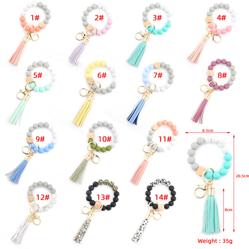Silicone Bead Wristlet Keychain with Wooden Hexagon Bead Tassel