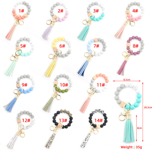Silicone Bead Wristlet Keychain with Wooden Hexagon Bead Tassel