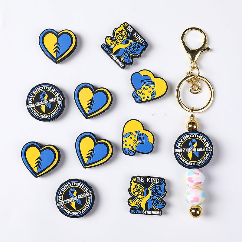 Silicone Focal Beads Heart Shaped Blue Butterfly Ribbon Design