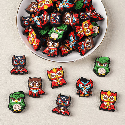 20Pcs Silicone Focal Beads Cartoon Owl Super Hero Front Facing