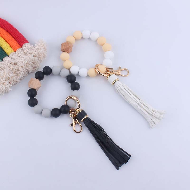 Leather Tassel Octagonal Silicone Bead Wristlet Keychain 3