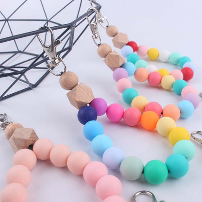 Contrast Wood Octagonal Silicone Bead Wristlet Keychain 3