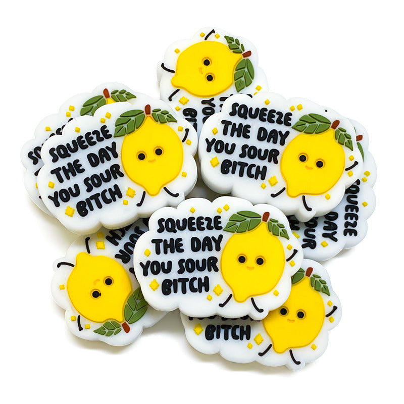 20Pcs Silicone Focal Beads Cartoon Lemon with Text Design 2
