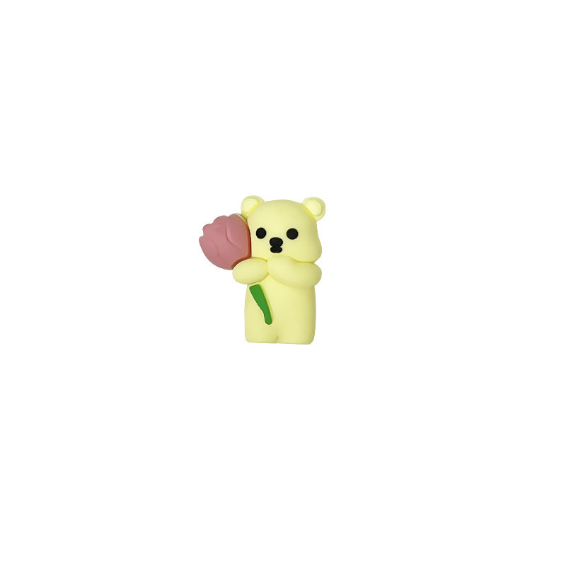 20Pcs Silicone 3D Focal Beads Colored Teddy Bear Holding Flower 13
