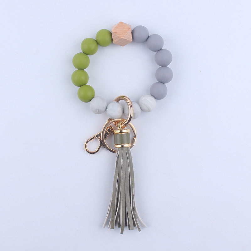 PU Leather Tassel Silicone Bead Wristlet Keychain Leopard Print 15