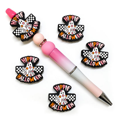 20Pcs Silicone Focal Beads Halloween Ghost with Checkerboard and Flower Detail 4