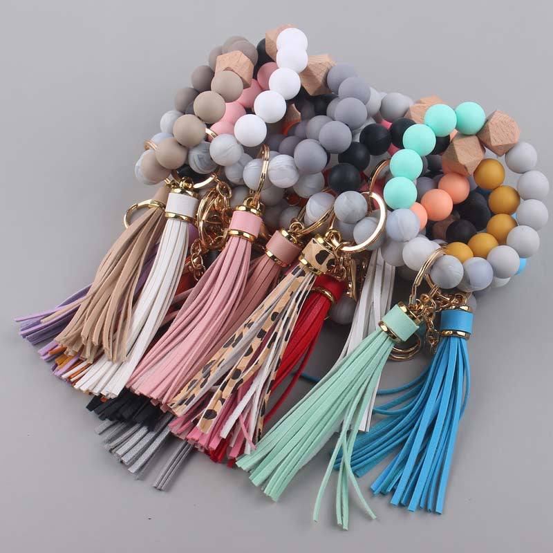 Leather PU Tassel Silicone Bead Wristlet Keychain 2