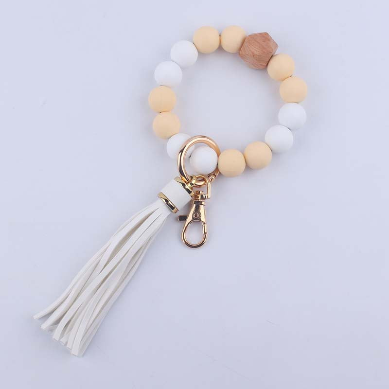 Leather Tassel Octagonal Silicone Bead Wristlet Keychain 8