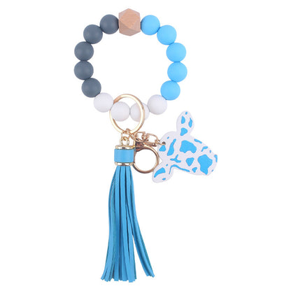 Western Cow Silicone Bead Wristlet Keychain PU Leather Tassel 9