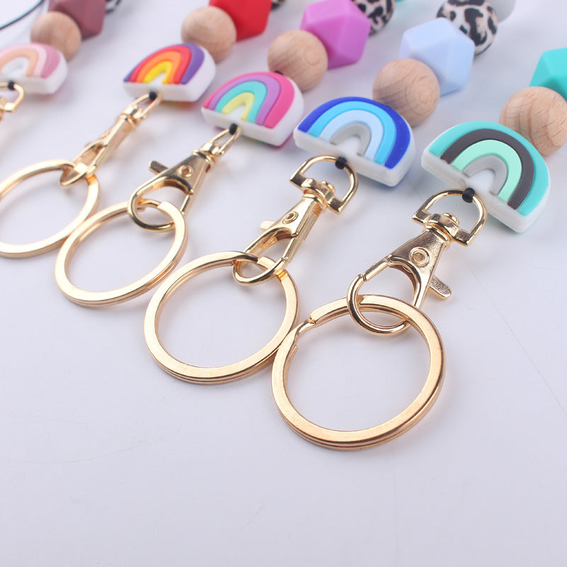 Rainbow Silicone Bead Keychain with Wooden Bead Charm