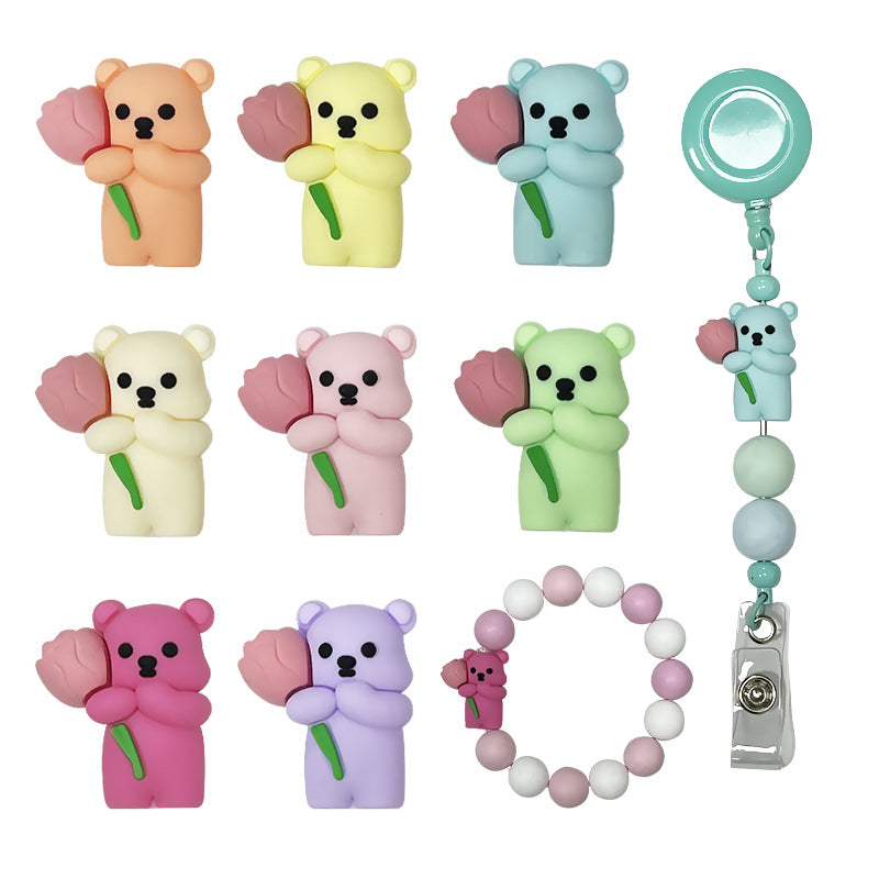 20Pcs Silicone 3D Focal Beads Colored Teddy Bear Holding Flower 5