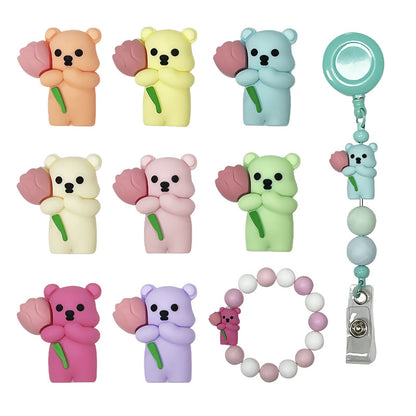 20Pcs Silicone 3D Focal Beads Colored Teddy Bear Holding Flower 5