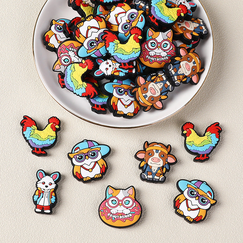 Silicone Focal Beads Colorful Rooster Owl and Animal Characters with Glasses