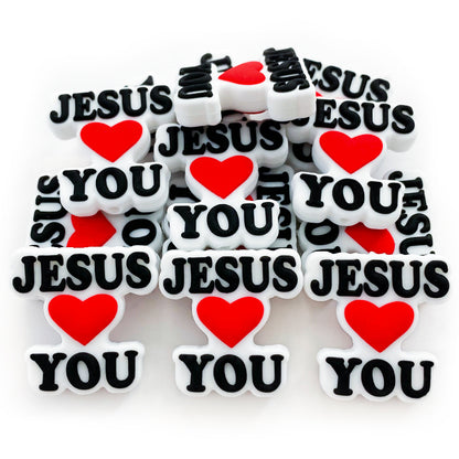 20pcs Silicone Focal Beads Love Jesus Red Heart Print 3