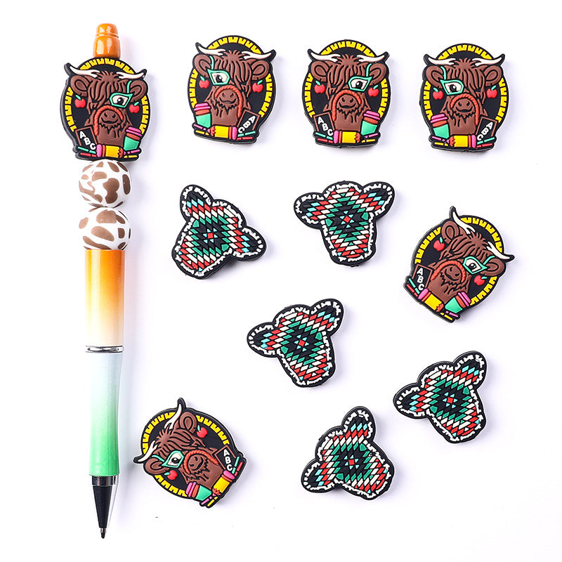Silicone Focal Beads Cartoon Highland Bullhead Colorful Cow Head 2