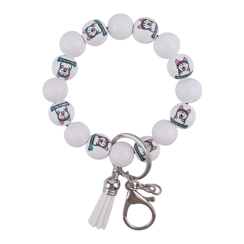 Wooden Dog Tassel Silicone Bead Wristlet Keychain with Charm 7