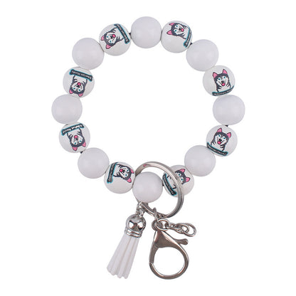 Wooden Dog Tassel Silicone Bead Wristlet Keychain with Charm 7